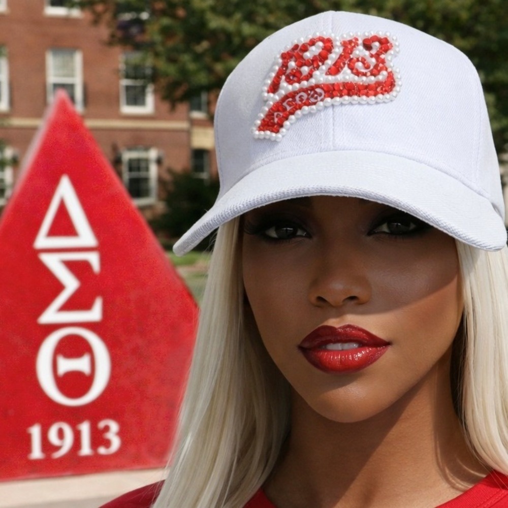Delta Sigma Theta 1913‎ DST Sorority Baseball Cap White Rhinestone Pearl Hat